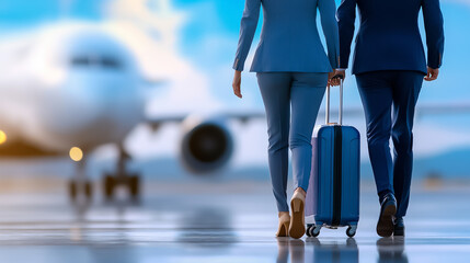 Naklejka premium Two business travelers walk towards their flight at the airport, carrying a suitcase. The early morning sun casts a warm glow over the scene, creating a sense of anticipation
