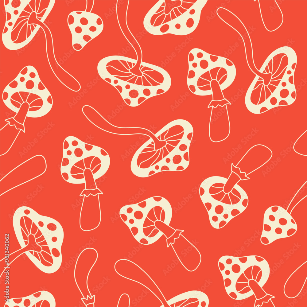 Poster floral linear seamless pattern with cute mushrooms on a red background. groovy retro vintage minimal