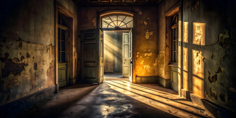 Fototapeta premium Sunbeams in a Forgotten Hallway: A ray of sunlight pierces through an open doorway, illuminating a dusty hallway in an abandoned building, creating a captivating visual metaphor for hope and renewal. 