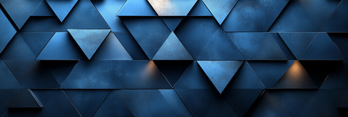 Obraz premium Abstract blue triangle wall texture with modern lighting, perfect for backgrounds and design projects.