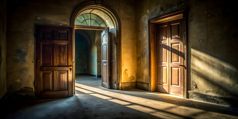 Fototapeta premium Sunbeams Through the Doors of Time: The warm glow of sunlight streams through the open doors of an abandoned, forgotten mansion, casting long shadows across the weathered floorboards. The doors, once