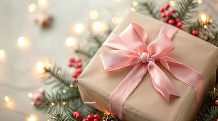 A beautifully wrapped gift with a pink ribbon lies amidst holiday decorations and twinkling lights, celebrating the joys of the season, christmas, new year