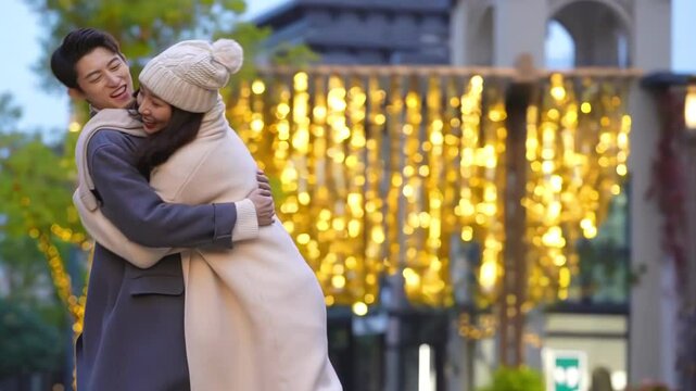 Happy man and woman love couple together eating dessert and chatting talking enjoying breakfast in cozy cafe outdoors in winter. Delicious food and relationship concept.