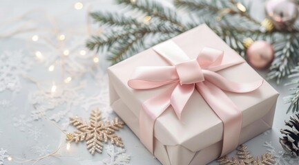 A beautifully wrapped gift box with a pink ribbon sits on a snowy surface, surrounded by soft glowing lights in the background, creating a festive and enchanting atmosphere