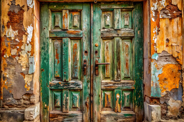Weathered Green Doors in a crumbling wall:  A close-up of an old, weathered, green double door with intricate detailing, set against a backdrop of peeling paint and crumbling brick. The door is a symb