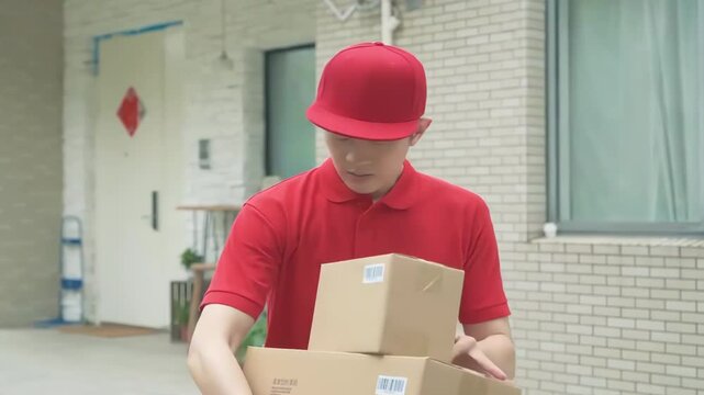 Delivery man Uniform smiles during express delivered the wrong package, courier holding a small parcel Delivering goods to Customer's Home with Van Truck, door-to-door services.