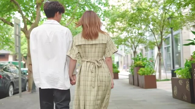 Happy man woman love couple together holding hands and shopping in street summer