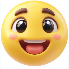 Fototapeta premium Happy emoji face with bright yellow color and cheerful expression. This joyful character features large eyes and wide smile, radiating positivity and warmth.