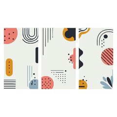 Elevate your digital project with abstract geometric patterns in pastel colors. Three vertical panels of minimalist shapes, lines, and dots offer a modern, eye catching design perfect for social media
