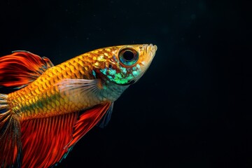 Fototapeta premium Mystic portrait of Fancy Guppy Fish, copy space on right side, Close-up View, isolated on black background