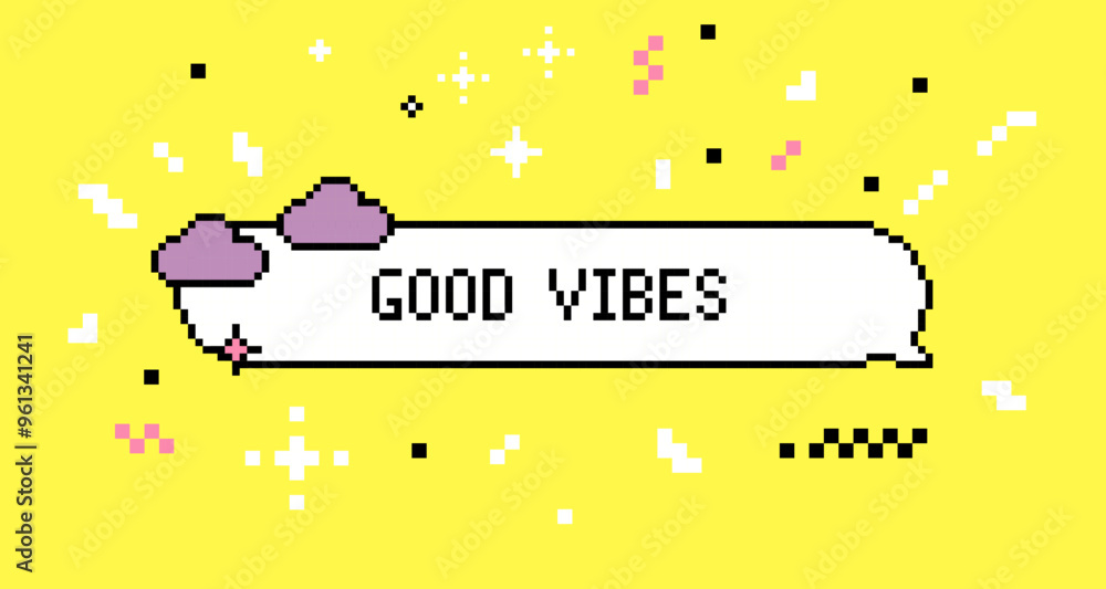 Poster pixel speech bubble text saying good vibes with sparkles. y2k sticker in pixel art. 8 bit retro styl