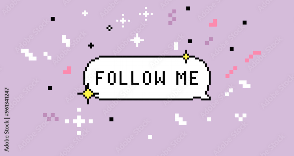 Poster pixel speech bubble text saying follow me with sparkles. y2k sticker in pixel art. 8 bit retro style