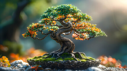 Fototapeta premium Bonsai Tree Illustration with Green and Orange Leaves