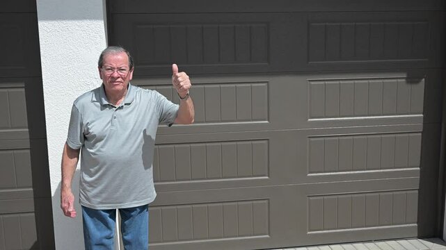 happy customer stands in front of his new garage door that was recently installed