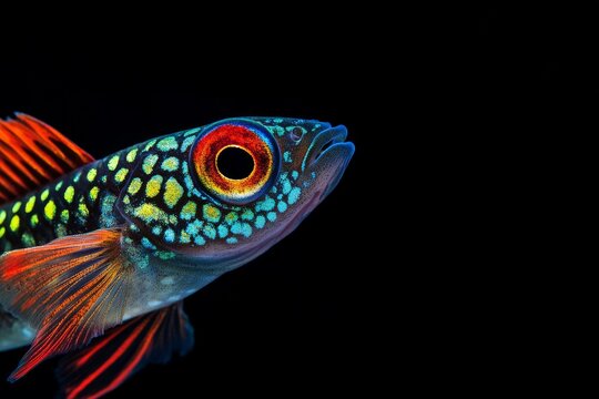 Mystic portrait of Endler's Guppy Fish, copy space on right side, Close-up View, isolated on black background