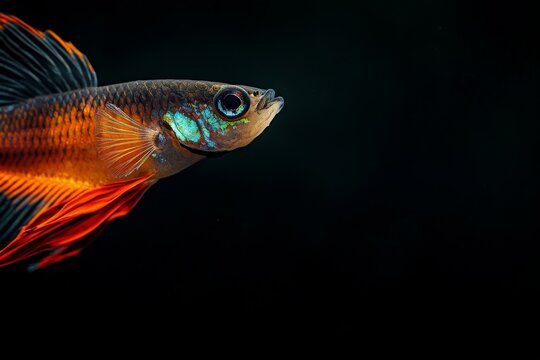 Mystic portrait of Endler's Guppy Fish, copy space on right side, Close-up View, isolated on black background