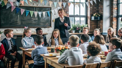 Engaging classroom discussion with children celebrating school event in a festive decorated classroom