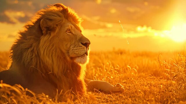 As the sun sets, a solitary lion stands tall in the grass, gazing over its domain in the warm glow of golden light, A majestic lion surveying its territory under the setting sun