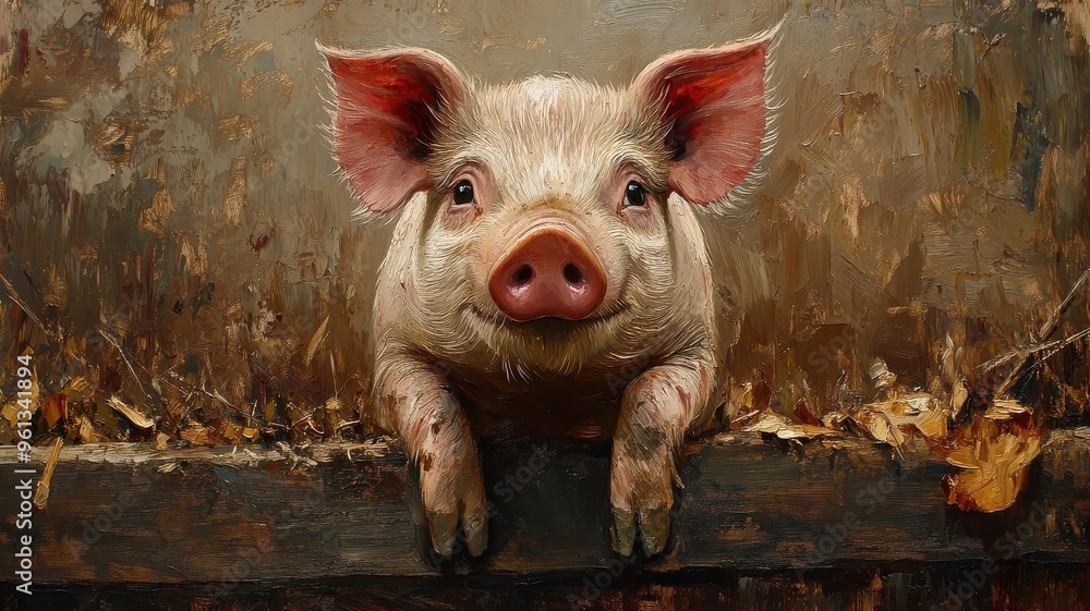 Wall mural oil painting style, a pig rendered in rich, warm tones with detailed fur texture and expressive eyes