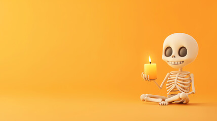 Playful skeleton holding a candle against a vibrant orange background, perfect for Halloween themes and festive decorations.