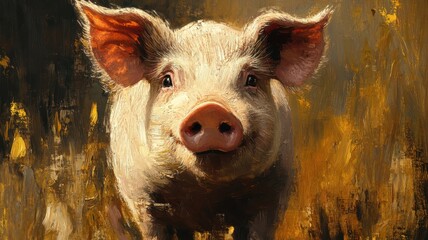 Fototapeta premium Oil painting style, a pig rendered in rich, warm tones with detailed fur texture and expressive eyes, set in a rustic farm setting.