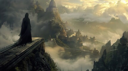 Fantasy Cityscape: A Majestic View of a Cloud-Kissed City