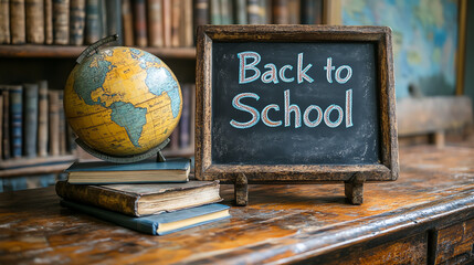 Chalkboard sign announcing 'Back to School' beside a globe and books, ideal for educational themes and promotions.