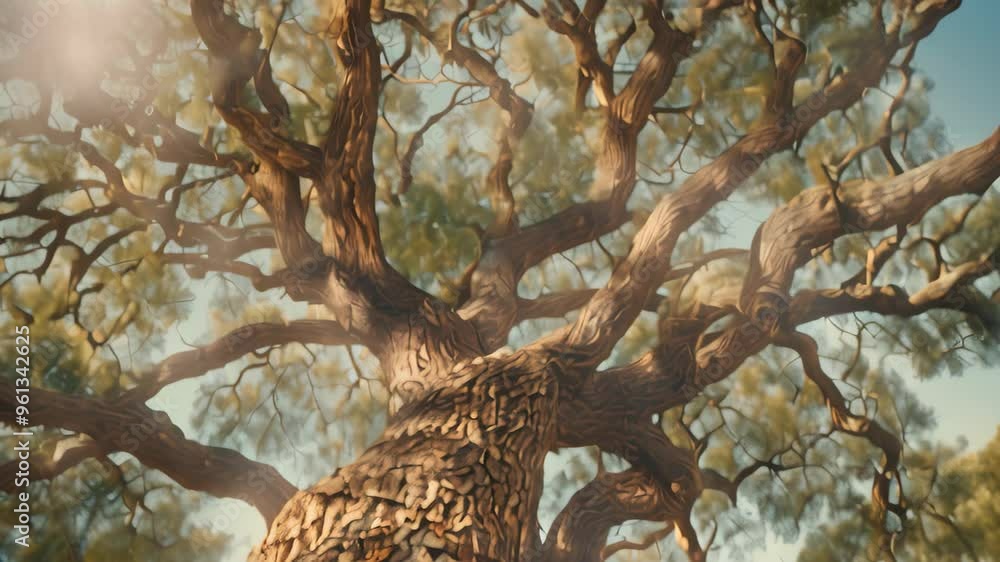 Poster a low-angle view of a majestic tree with twisting branches reaching towards the sky, a majestic tree