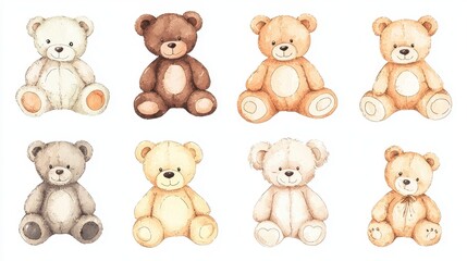 Watercolor Illustration of Cute Teddy Bears Sitting in a Row