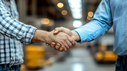 Two individuals shaking hands in a business setting.