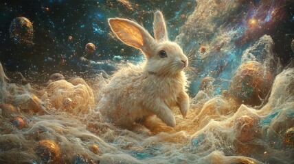 Surreal vision, a rabbit in a dreamlike landscape with floating elements, imaginative colors, and surreal, otherworldly imagery.
