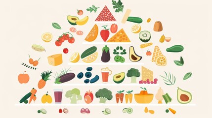 An infographic showing a balanced diet pyramid, with different food groups and ample copy space for explanations