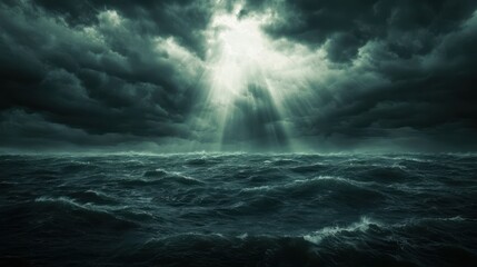Fototapeta premium Dramatic Ocean Storm with Sun Rays Breaking Through Dark Clouds