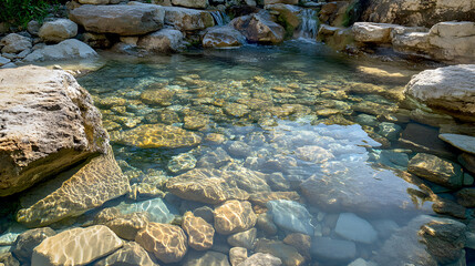 Clear water supports stone slabs, with light-colored rocks reflecting natural harmony