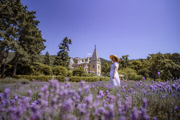 A woman is walking through a field of purple flowers