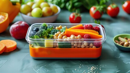 A detailed view of a lunchbox packed with balanced diet components like fruits, veggies, and proteins, with a clean background and lots of copy space for lunch ideas