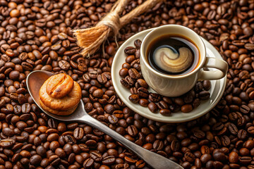 Aromatic Coffee Indulgence: Freshly brewed coffee with a swirl, nestled amongst roasted beans, accompanied by a sweet treat on a spoon. 