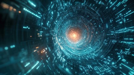 Fototapeta premium A digital vortex of light and data, suggesting a journey through a technological realm.