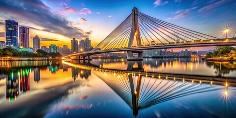 A low-angle shot of a modern cable-stayed bridge's reflection in a busy urban river, capturing the vibrant colors of city lights at dusk.