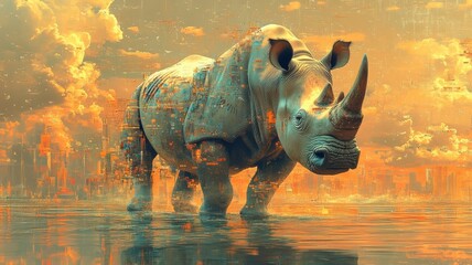 Obraz premium Surreal vision, a rhinoceros in a dreamlike environment with imaginative colors and floating elements, creating a whimsical and fantastical scene.
