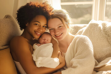 Two mothers are smiling and cuddling their sleeping newborn baby while sitting on a couch at home