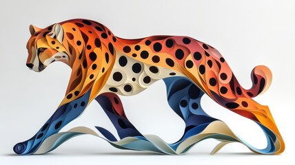 Paper art style, a cheetah meticulously crafted from layers of colored paper, highlighting its distinctive spots and streamlined form.