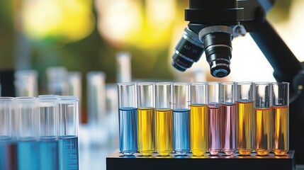 A microscope rests atop a table, surrounded by an assortment of test tubes. The tubes are filled with vivid liquids, some in a vibrant shade of yellow, others in a deep shade of blue. 