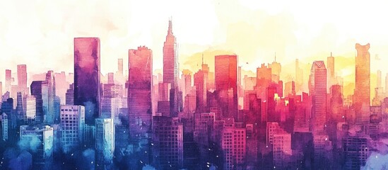 Stunning City Skyline in Watercolor: An Artistic View of Modern Architecture at Sunset