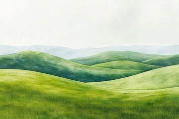 Scenic green rolling hills and meadows landscape in watercolor painting style