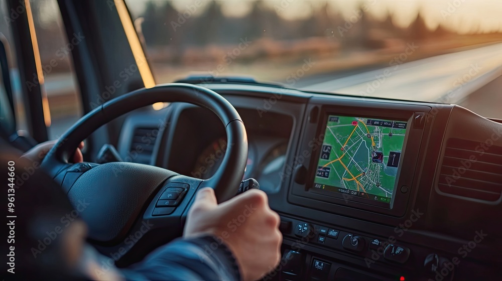 Poster a driver using a gps device while navigating a road in a vehicle during sunset.