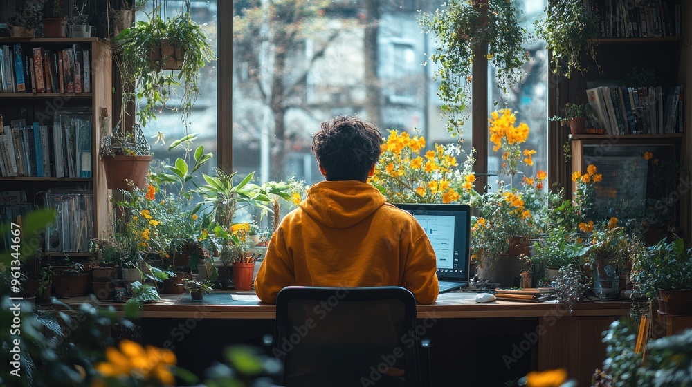 Poster man working at a desk by a window with plants