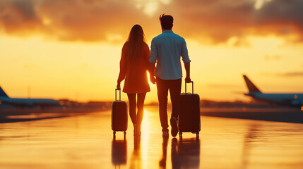 A couple strolls hand in hand along an airport runway, each pulling a suitcase, as the sun sets, casting a warm glow and signaling the start of their vacation