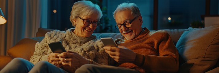 Fototapeta premium An elderly man and woman sitting together and looking at their phones. The image captures their engagement with technology and each other in a relaxed setting