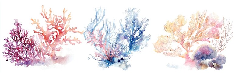 Stunning Watercolor Illustration of Colorful Corals Showcasing the Beauty of Marine Flora
